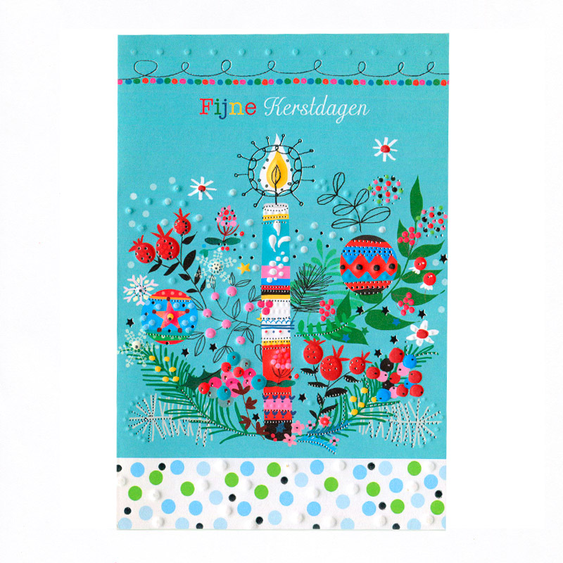 Whimsical Christmas card illustration by Marianna Jagoda featuring a decorated central Christmas tree, a reindeer with an owl on its antlers, and a joyful snowman. The festive scene includes snow-capped mountains, red cottages, and stylized winter trees in a decorative folk-art style Embossing &amp; silver foil.