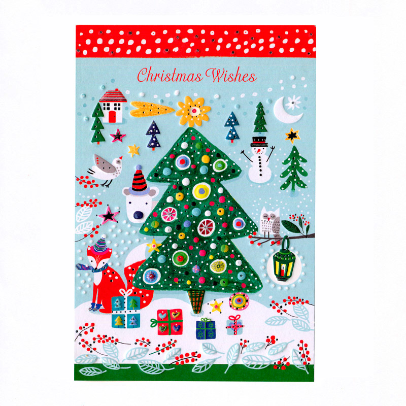 Classic Christmas card design by Marianna Jagoda published by Fiose Biglietti, featuring a grid of six festive icons: a bell, three decorative trees, a snowman, and a colorful bauble, set against a red and white folk-art background.