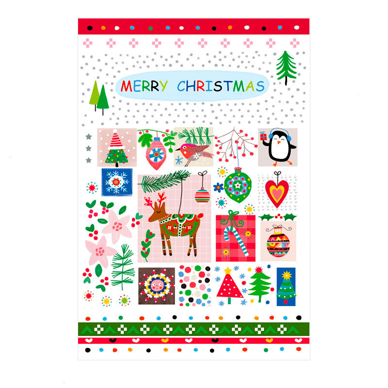 Classic Christmas card design by Marianna Jagoda featuring a three-band composition with a painterly red stripe and white borders. The illustration includes festive trees, a bullfinch bird, and holiday gifts, enhanced with silver foil and embossing details.
