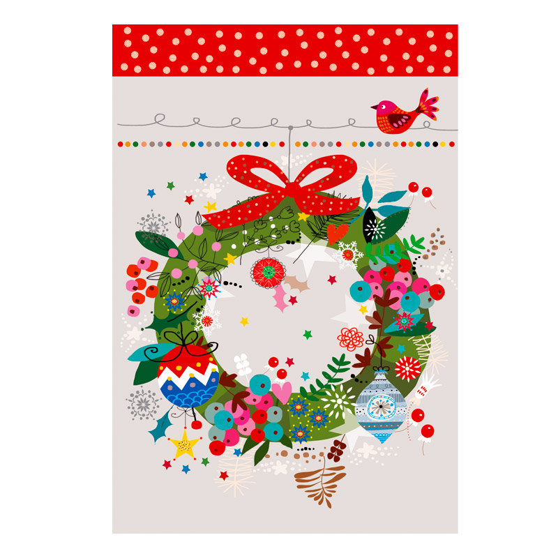 Decorative folk-style Christmas wreath illustration by Marianna Jagoda, featuring intricate holiday ornaments. The festive design includes a small penguin, an angel, a Christmas cookie, baubles, and pinecones nestled in lush green foliage, with a red "Christmas Wishes" ribbon at the top. Embossing &amp; silver foil