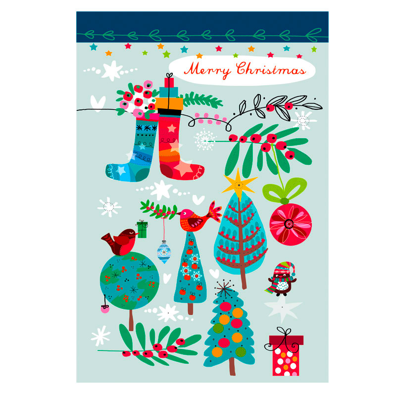 Decorative Christmas card design by Marianna Jagoda featuring colorful stockings, festive birds, and a penguin in a modern folk style. Embossing &amp; silver foil.