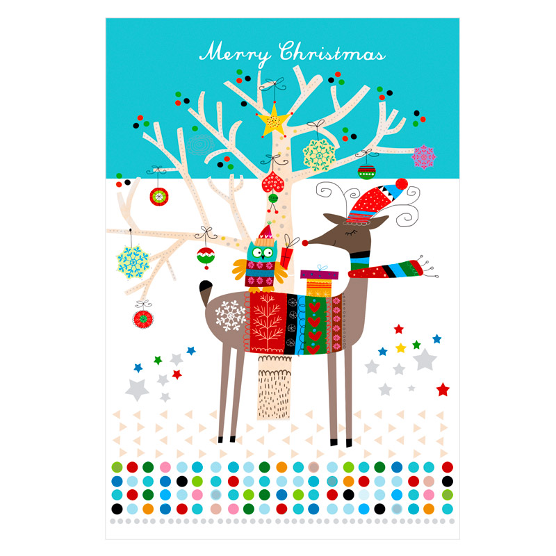 Whimsical Christmas card illustration by Marianna Jagoda featuring a large decorated Christmas tree surrounded by a fox, polar bear, snowman, and owl. This festive winter scene includes colorful gift boxes, a small house, and decorative holiday patterns in a modern folk style. Embossing &amp; silver foil.